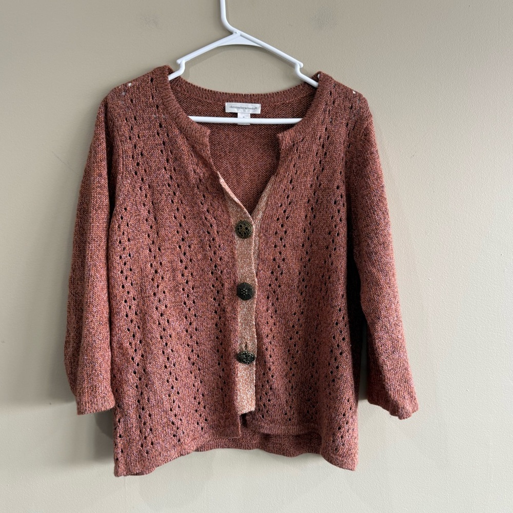 Unique Knit Cardigan Sweater in Rust Red Orange. Beautiful Large Buttons. Sz XL